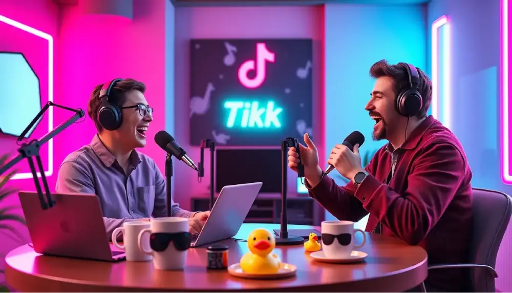 funny podcast hosts laughing while recording